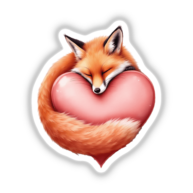 Sleeping Fox on a Heart design, showcasing a fox peacefully embracing a heart. Available as stickers or digital artwork, perfect for adding a touch of whimsy to your decor.