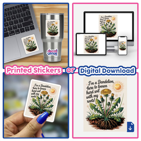 Dandelion Soil Savior Clipart & Sticker featuring a laptop with a cactus sticker, close-up dandelion art, and commercial use card, embodying Decal Venue's unique vinyl and digital art offerings.