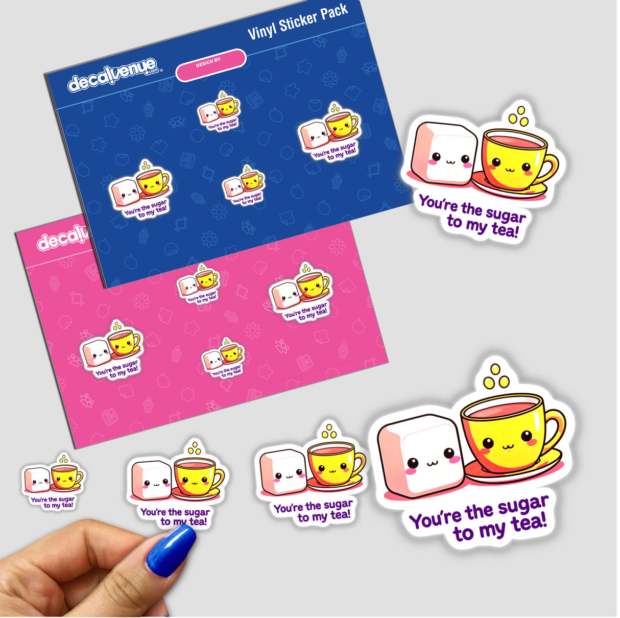 You're The Sugar To My Tea Funny Love Quote stickers featuring cartoon tea cups and sugar cubes, showcasing whimsical designs available as vinyl stickers or digital artwork.