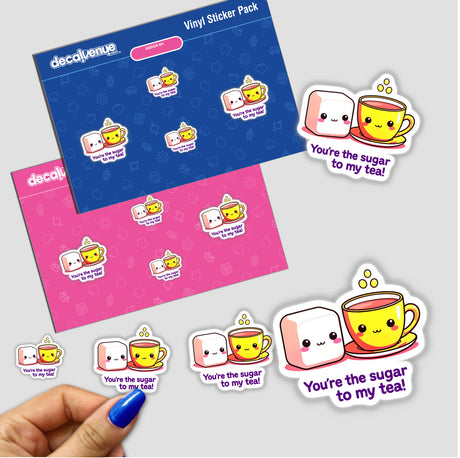 You're The Sugar To My Tea Funny Love Quote stickers featuring cartoon tea cups and sugar cubes, showcasing whimsical designs available as vinyl stickers or digital artwork.