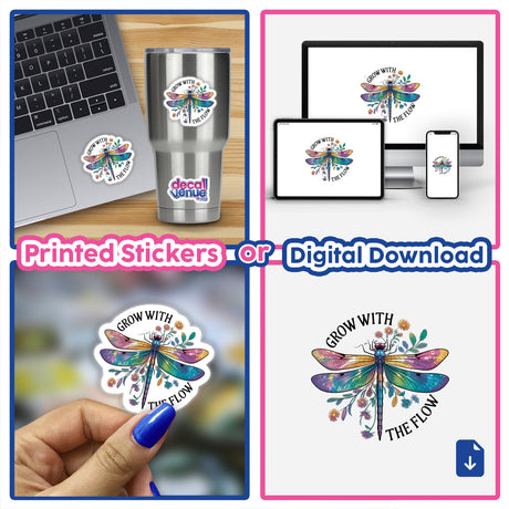 Dragonfly quote sticker featuring a dragonfly and flowers on a laptop, showcasing Decal Venue's unique vinyl sticker collection.