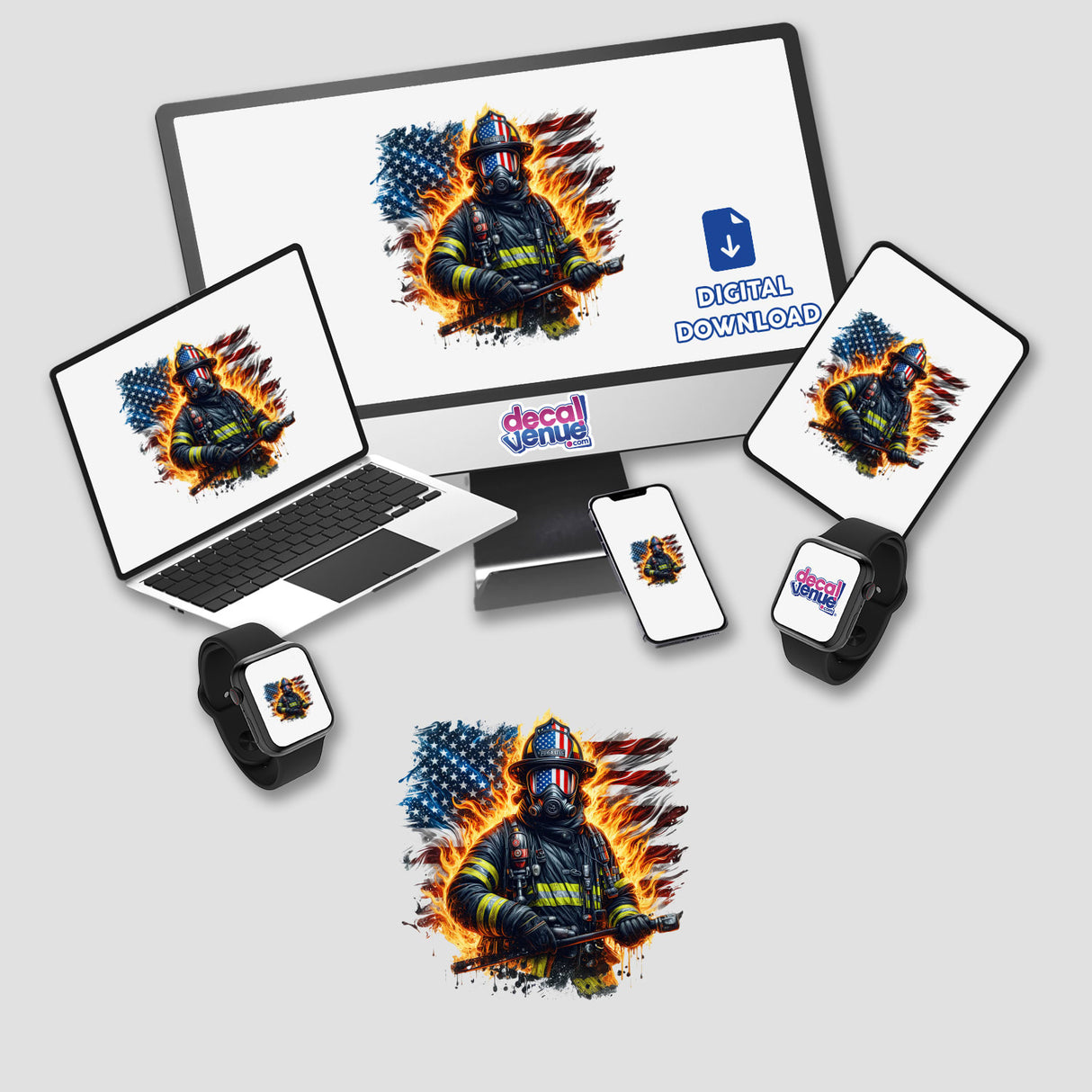 American Flames Firefighter stickers or digital artwork showcasing a computer monitor and laptop with firefighter images on screen.
