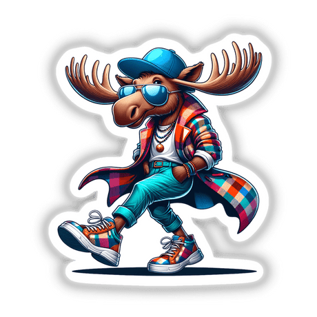 Hipster Moose: A cartoon moose with sunglasses and a hat, available as stickers or digital artwork.