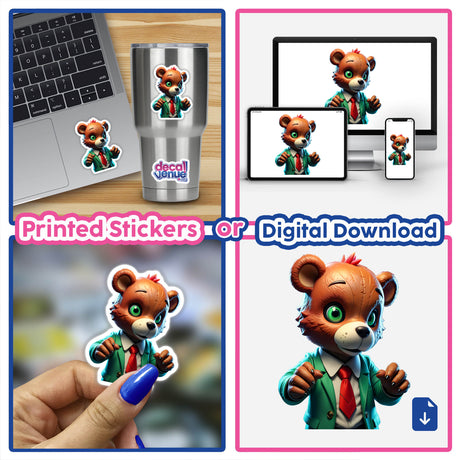 Collage featuring A Macabre Scary Bear cartoon character stickers, with a bear in a suit and tie, and a bear holding a pill bottle, displayed on a computer.