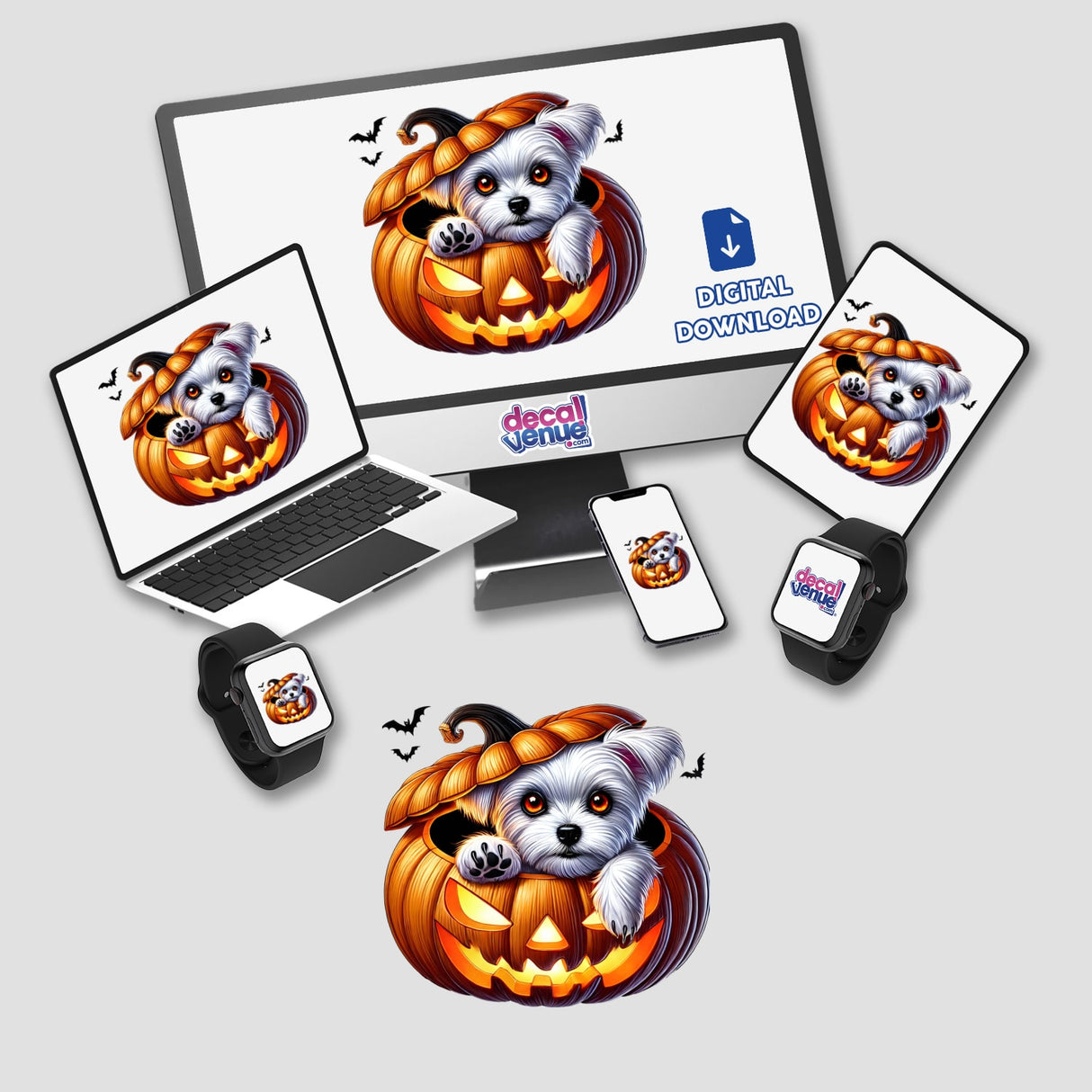 Maltese dog peeking out of carved pumpkin Halloween decal for digital art and stickers from Decal Venue