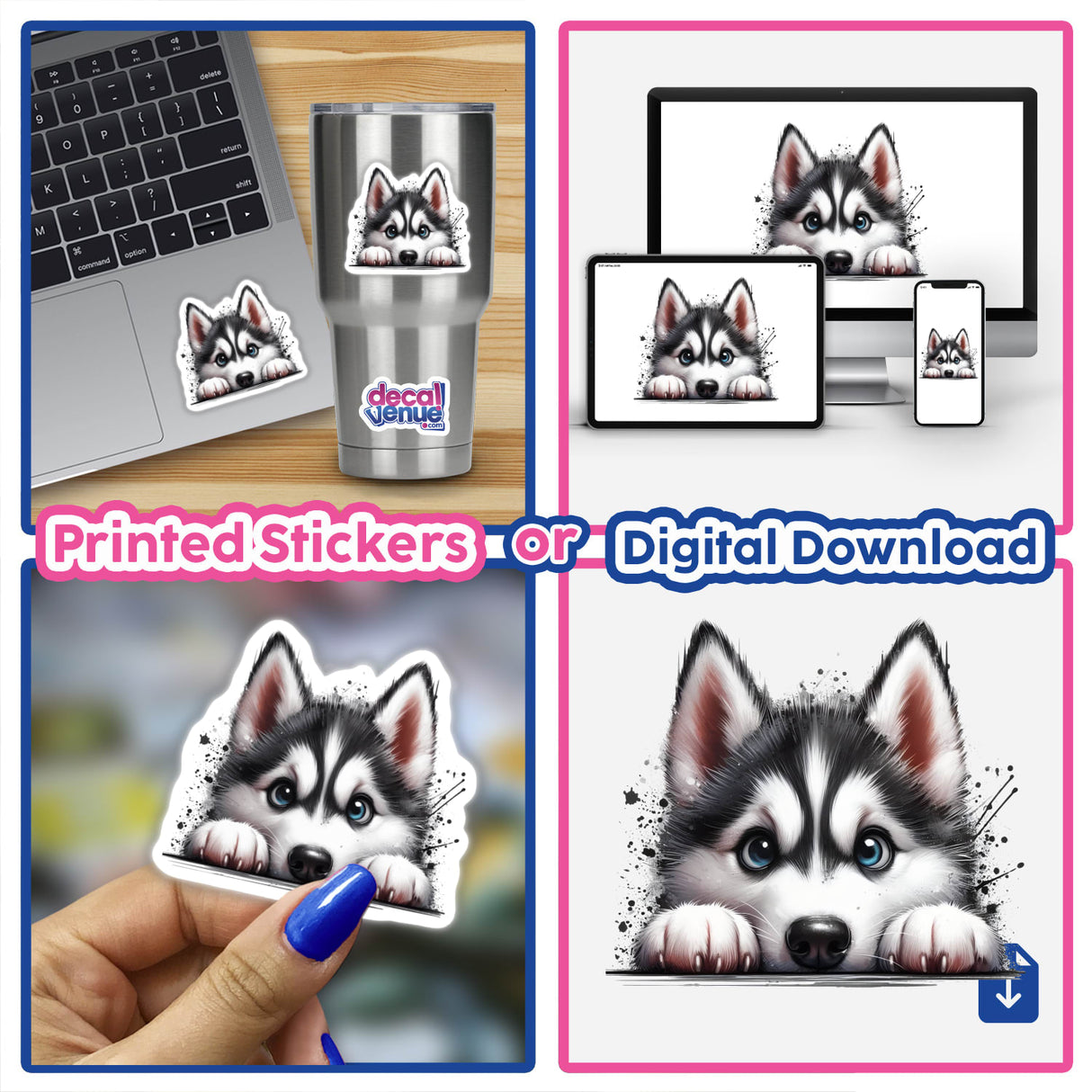 Peeking Husky Dog Splatter sticker displayed on a laptop, featuring a black and white dog with striking blue eyes, embodying Decal Venue's unique sticker artistry.