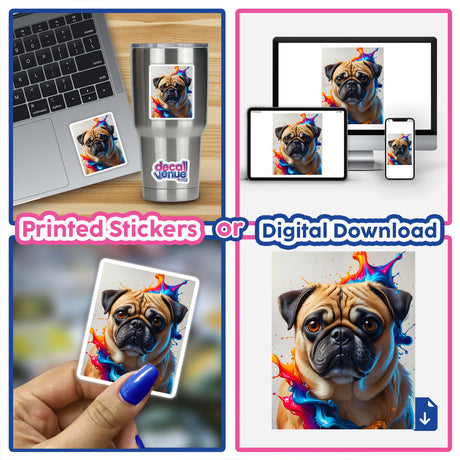 Collage featuring 'A Cute Pug - Animal Portrait' as vibrant digital artwork, showcasing a playful pug with colorful splashes. Available as stickers or digital art from Decal Venue.