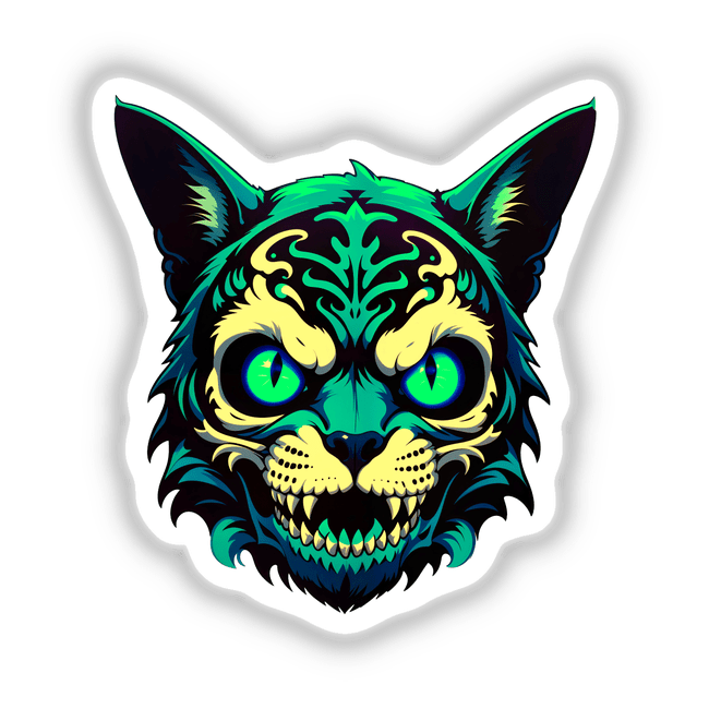 A Cool Undead Cat Skull illustration, featuring a stylized cat face with blue eyes and intricate, colorful design elements, available as stickers or digital artwork from Decal Venue.