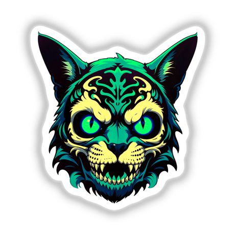 A Cool Undead Cat Skull illustration, featuring a stylized cat face with blue eyes and intricate, colorful design elements, available as stickers or digital artwork from Decal Venue.