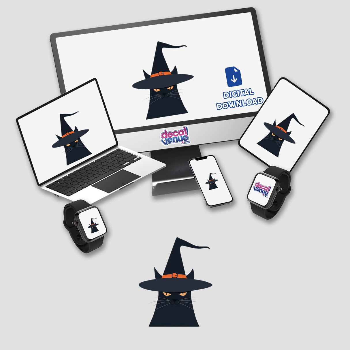 Halloween Black Cat in Witch Hat displayed on a computer monitor and laptop. Available as stickers or digital artwork, capturing a whimsical feline theme from Decal Venue's unique collection.