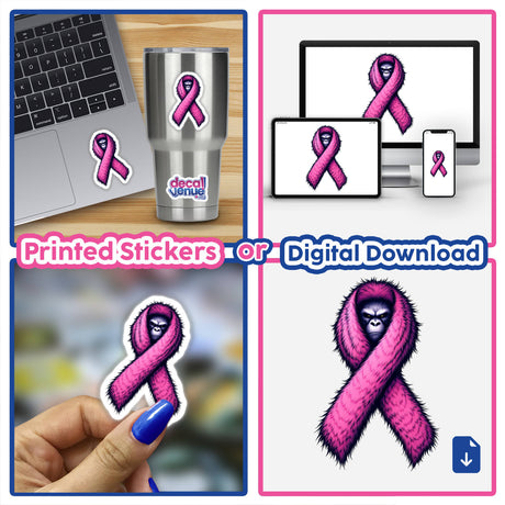 Sasquatch Face Fuzzy Pink Ribbon Breast Cancer Awareness sticker featuring a gorilla head and pink ribbon elements, available as unique vinyl stickers or digital artwork.