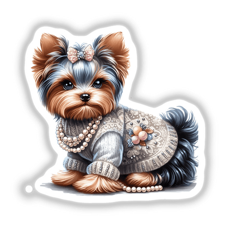 Gray Floral Sweater and Pearls Yorkie Dog