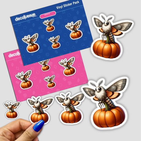 Sticker pack titled Moth Perched on a Pumpkin, featuring cartoon bees, moths, and bugs on pumpkins. Available as unique stickers or digital artwork from Decal Venue.