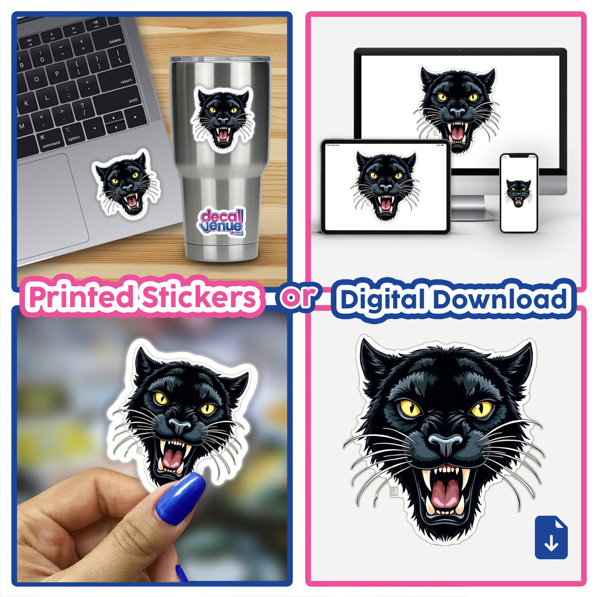 E aí Pantera: A collage showcasing black panther stickers and digital artwork, including close-ups on laptops, cups, and fingernails, highlighting the store's unique collection.