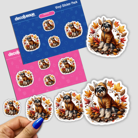 Sticker featuring an Autumn Schnauzer in a cozy sweater, showcasing a dog wearing a warm coat, perfect for unique, seasonal decoration or digital art from Decal Venue.