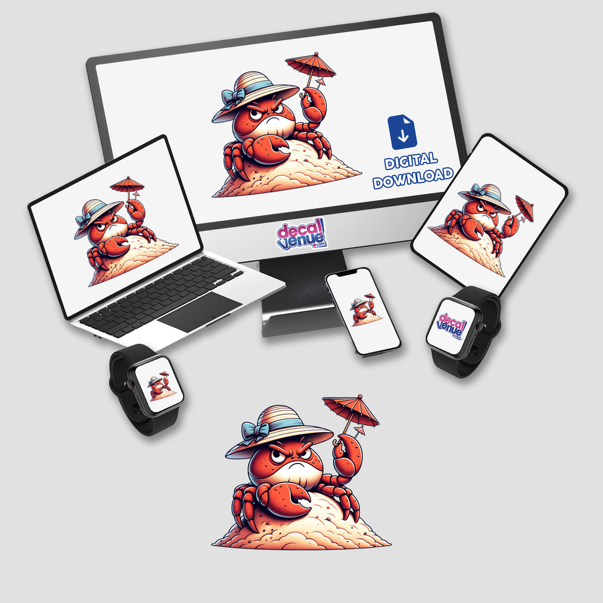 Grumpy Beach Crab Holding Tiny Cocktail Umbrella