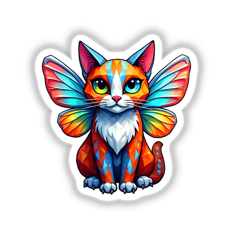 A Cute Geometric Fairy Cat illustration featuring a whimsical cat with wings, available as stickers or digital artwork from Decal Venue, specializing in unique stickers and digital art.