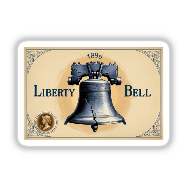 Vintage Liberty Bell Postcard Clipart | Downloadable Stickers with Commercial Rights: An illustration of a liberty bell displayed on a postcard, available as stickers or digital artwork.