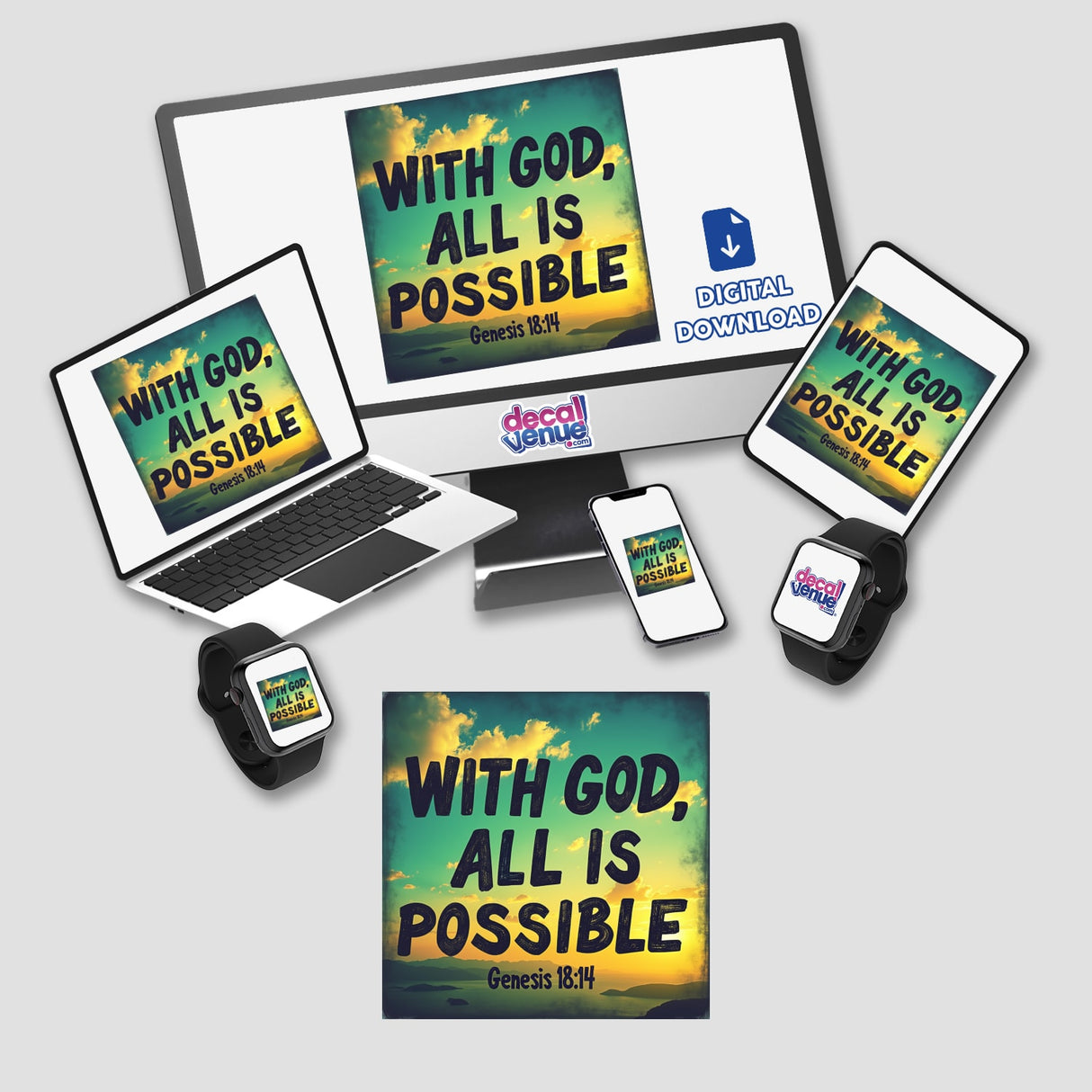 With God, All is Possible sticker or clipart, featuring a laptop and tablet with biblical verse imagery, embodying faith and strength inspired by Genesis 18:14, perfect for stickers or digital artwork.