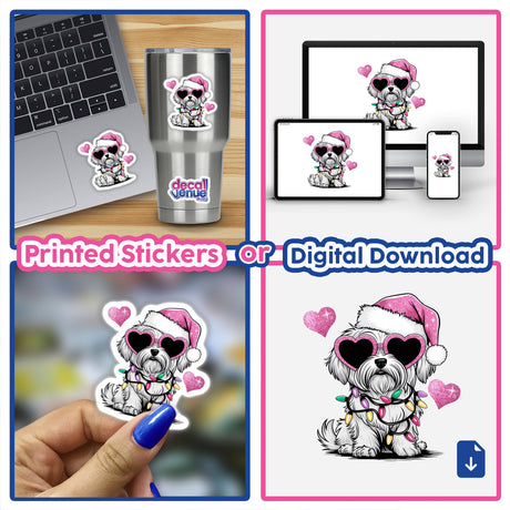 Christmas Santa Pink Maltese Dog in Lights sticker, featuring a dog with sunglasses and a Santa hat, perfect for laptops or cups. Available as stickers or digital artwork.