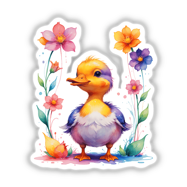 A Cute Baby Duck With Blooming Flowers illustration, featuring a cartoon duck surrounded by vibrant flowers, available as stickers or digital artwork from Decal Venue.