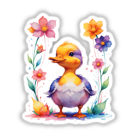 A Cute Baby Duck With Blooming Flowers illustration, featuring a cartoon duck surrounded by vibrant flowers, available as stickers or digital artwork from Decal Venue.