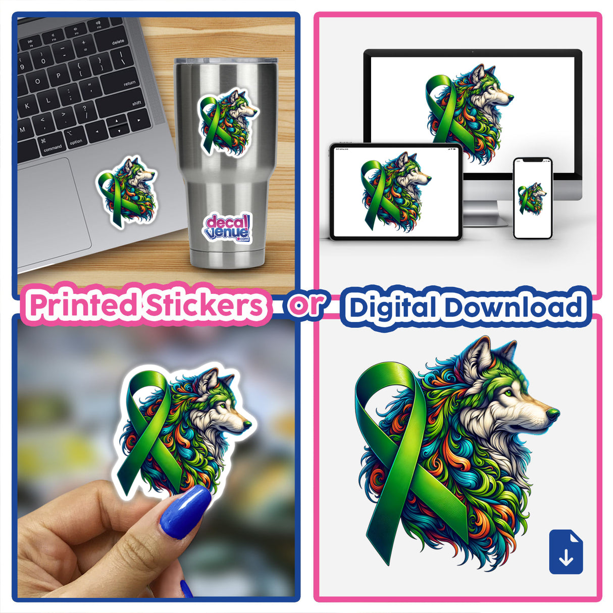 Wolf Green Ribbon Kidney Cancer Awareness sticker shown on a laptop, featuring a colorful wolf and green ribbon design, highlighting the cause. Available as stickers or digital artwork from Decal Venue.