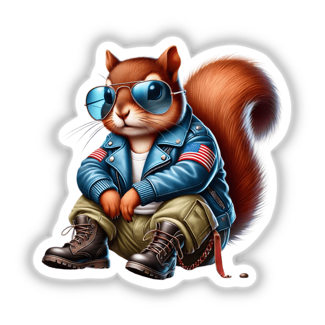 Squirrel wearing aviator sunglasses and a blue jacket, depicted as Patriotic Leather Squirrel Aviator Sunglasses, available as stickers or digital artwork from Decal Venue.
