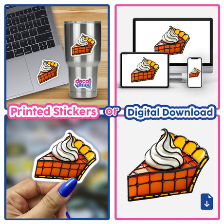 Pumpkin Pie Slice Stained Glass Style depicted alongside a laptop, showcasing its availability as unique stickers or digital artwork. A hand holds a pie piece with whipped cream, emphasizing its design versatility.