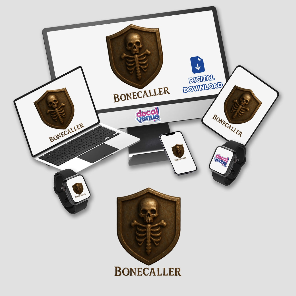 Bonecaller – RPG-Style Skill Badge featuring a bronze skeletal sigil crest, available as a sticker or digital artwork. Perfect for adding a unique touch from Decal Venue's creative collection.
