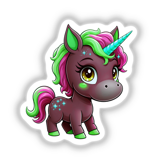 Cute And Magical Pony Unicorn cartoon illustration available as stickers or digital artwork, featuring a whimsical unicorn with prominent eyelashes and a blue star, perfect for unique decorative purposes.