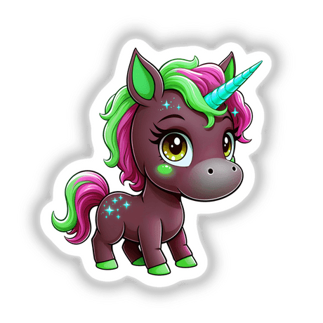 Cute And Magical Pony Unicorn cartoon illustration available as stickers or digital artwork, featuring a whimsical unicorn with prominent eyelashes and a blue star, perfect for unique decorative purposes.