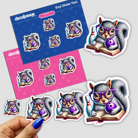 Squirrel Reading a Book with Purple Glasses and Bowling Ball: A quirky sticker featuring a cartoon squirrel in purple glasses, holding a book and bowling ball, embodying Decal Venue's unique vinyl art style.