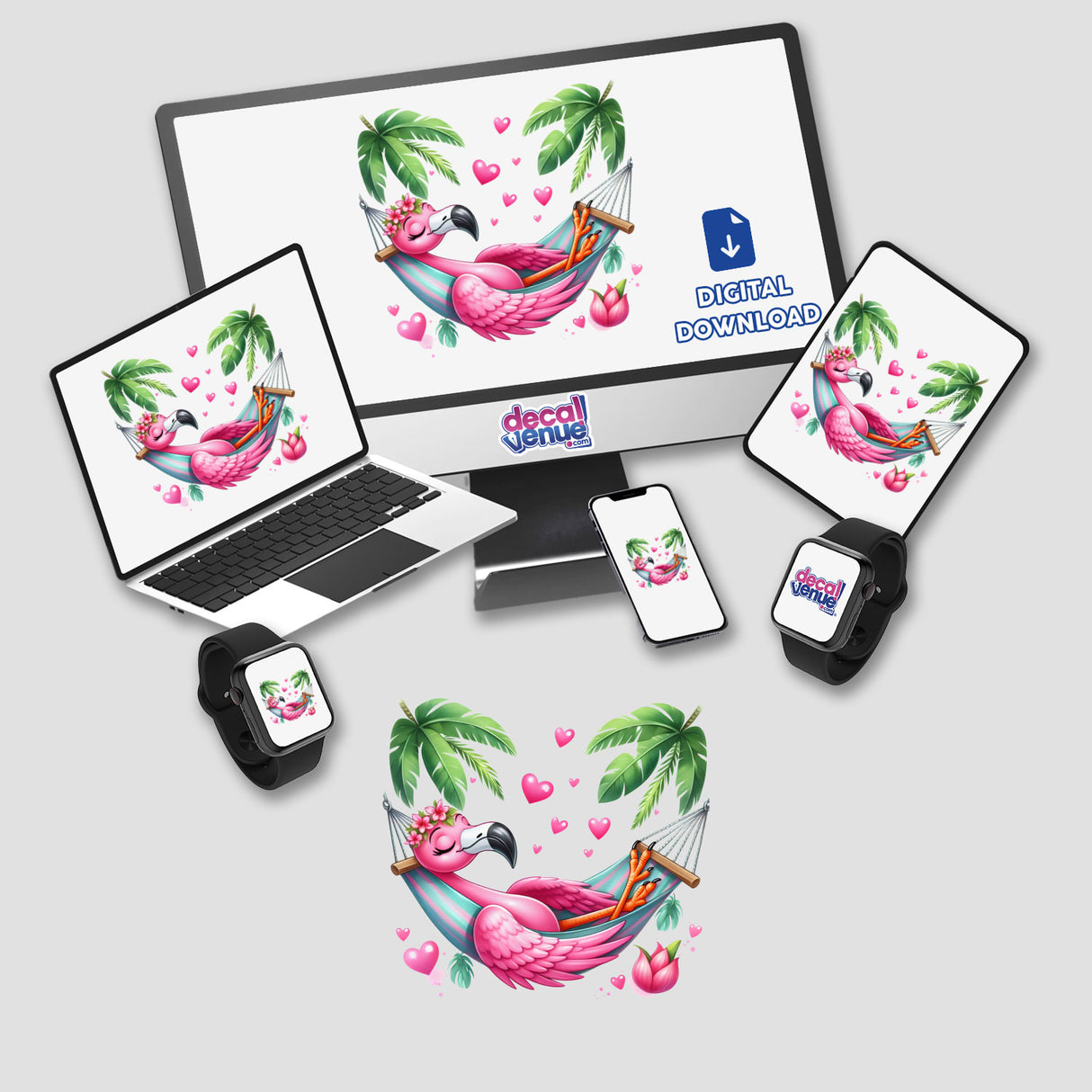 Vibrant flamingo on hammock digital artwork for Decal Venue online store