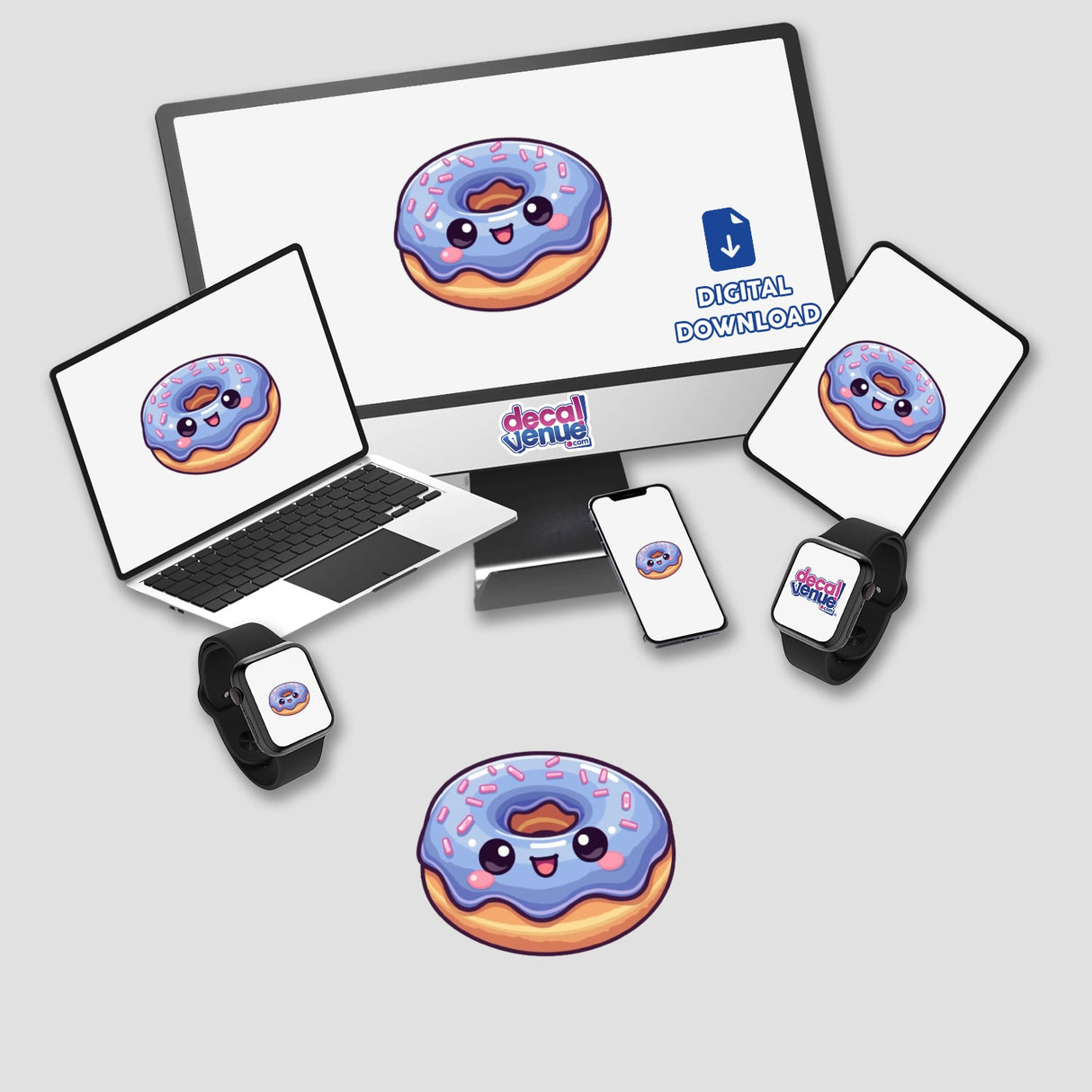 Kawaii Blueberry Donut Sticker featuring an adorable cartoon donut on various screens, including a laptop and smartwatch, showcasing unique digital artwork from Decal Venue.