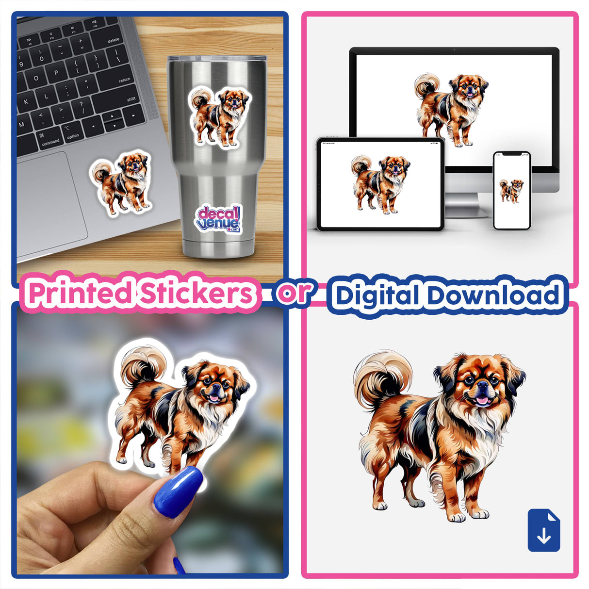 Tibetan Spaniel Dog Watercolor Clipart & Stickers – Commercial Rights: A collage featuring a laptop adorned with a dog sticker and digital artwork of Tibetan Spaniel dogs, suitable for stickers or digital use.