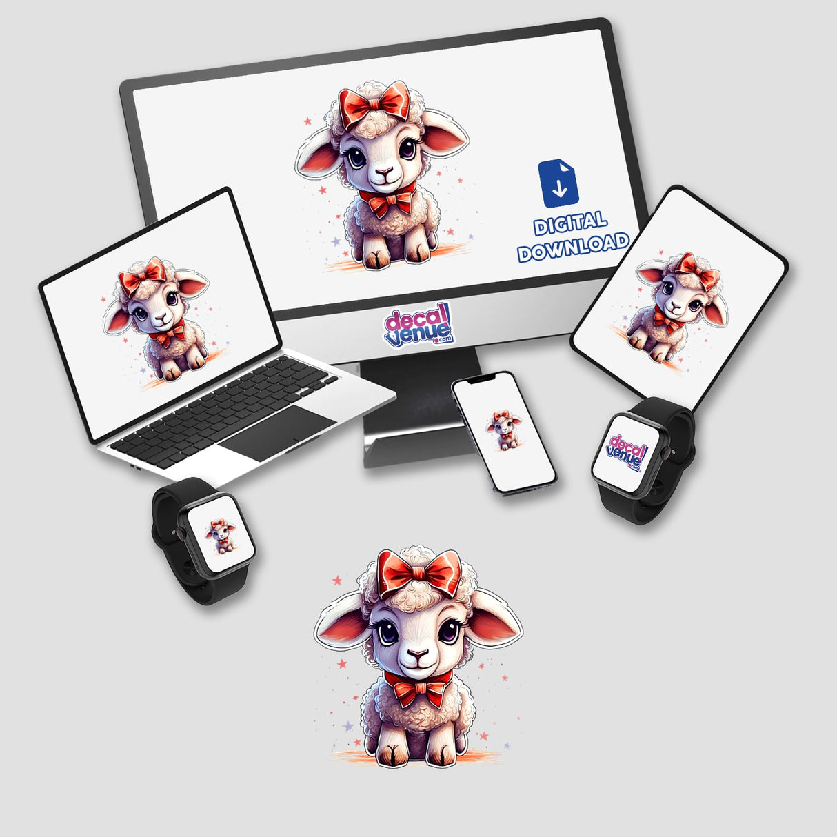 Lamb cartoon on digital monitors, laptops, and smartwatches, available as stickers or digital artwork from Decal Venue.