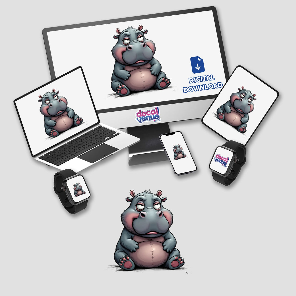 Grumpy Chubby Hippo stickers or digital artwork displayed on a laptop, tablet, and mouse pad, featuring a cartoon hippo with a grumpy expression.