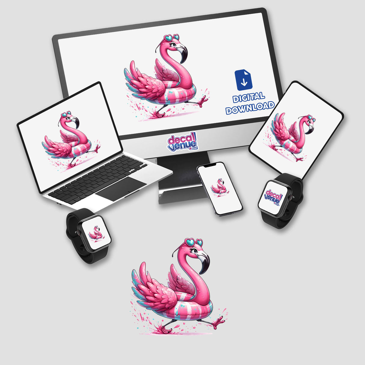 Colorful flamingo artwork showcased on various digital devices from the Decal Venue store, including a laptop, smartphone, and smartwatch. The vibrant pink flamingo is depicted running towards the beach, capturing a lively and whimsical scene. The digital download option is prominently displayed, highlighting the accessibility of this unique digital artwork.