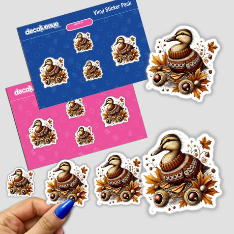 Autumn Duck in Cozy Sweater sticker featuring a cartoon duck wearing a sweater surrounded by leaves and nuts, available at Decal Venue.