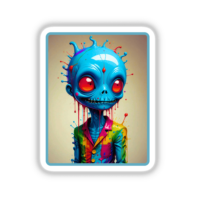 Splash Art Alien Invasion The Handsome One: a cartoon alien with red eyes, rainbow paint splattered over its head, and a green shirt, available as stickers or digital artwork.