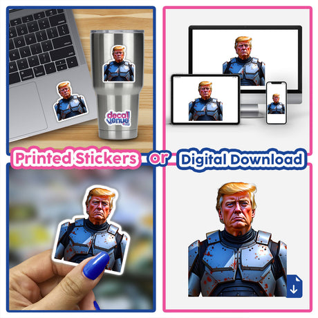 Collage featuring Futuristic President Donald Trump as a digital artwork, shown on a laptop screen with a sticker option, highlighting unique design elements available at Decal Venue.