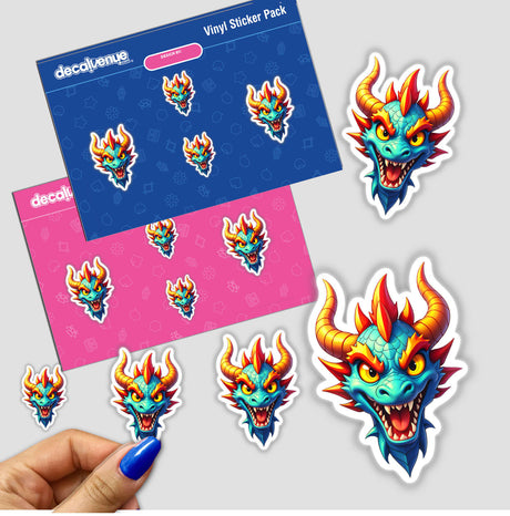 Hand holding 'A Cool Fantasy Dragon' sticker pack, featuring cartoon dragons. Available as vinyl stickers or digital artwork from Decal Venue.