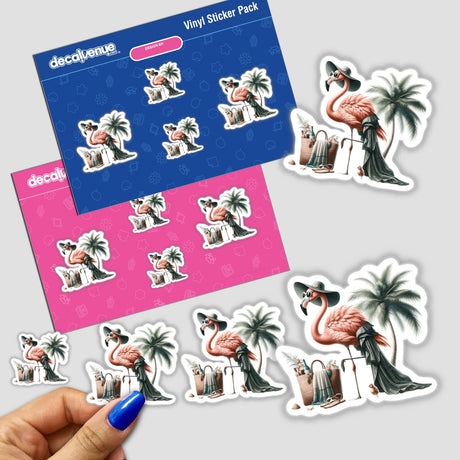Flamingo Beach Fashionista stickers featuring flamingos and palm trees, ideal for adding a unique, tropical touch to your items.