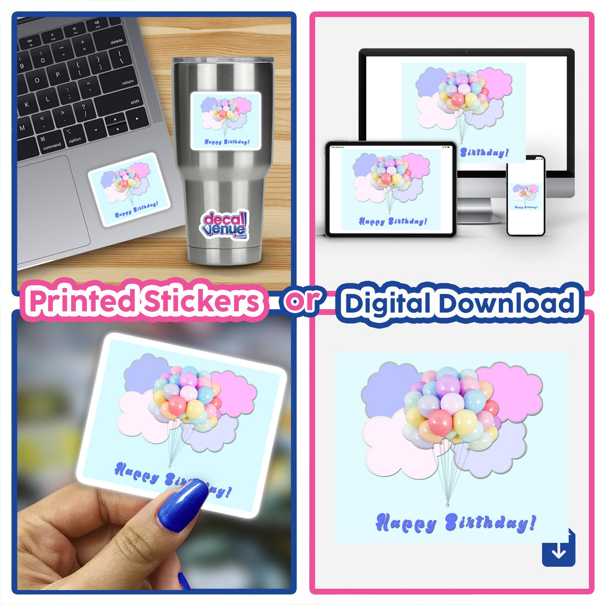 Colorful pastel balloons floating in a blue sky with pink and lavender clouds on a pale cyan background. The artwork features the text "Happy Birthday!" and is available as printed stickers or a digital download.