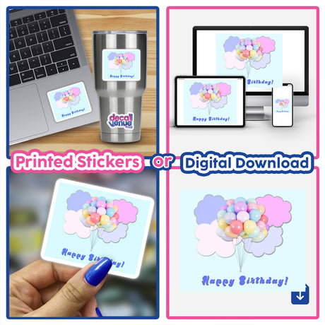 Colorful pastel balloons floating in a blue sky with pink and lavender clouds on a pale cyan background. The artwork features the text "Happy Birthday!" and is available as printed stickers or a digital download.