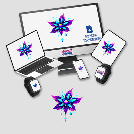 A Colorful Spring Flower displayed across a computer monitor, laptop, and smartwatch screens, available as vinyl stickers or digital artwork from Decal Venue.