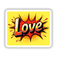 Comic book-style design featuring the word Love in bold, colorful letters, available as unique stickers or digital artwork for Valentine's Day from Decal Venue.