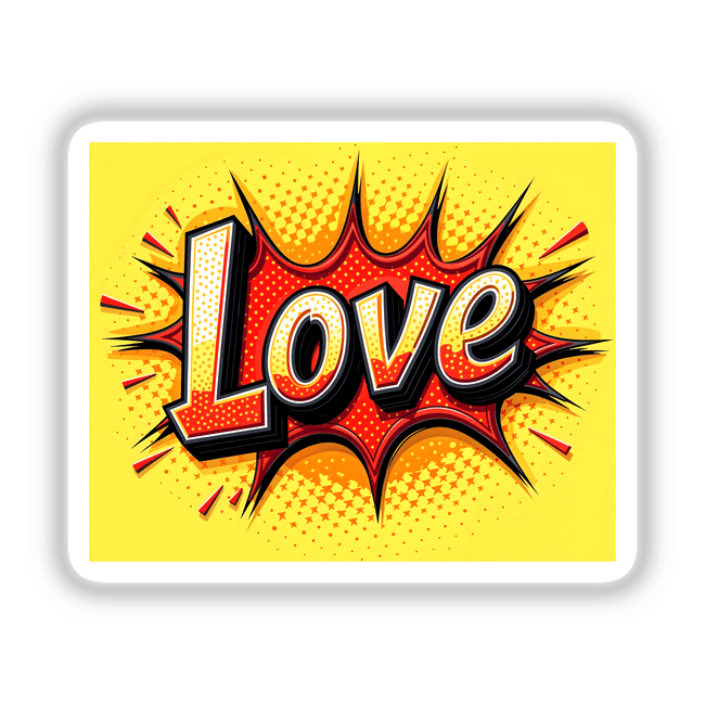 Comic book-style design featuring the word Love in bold, colorful letters, available as unique stickers or digital artwork for Valentine's Day from Decal Venue.