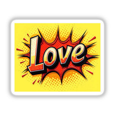 Comic book-style design featuring the word Love in bold, colorful letters, available as unique stickers or digital artwork for Valentine's Day from Decal Venue.